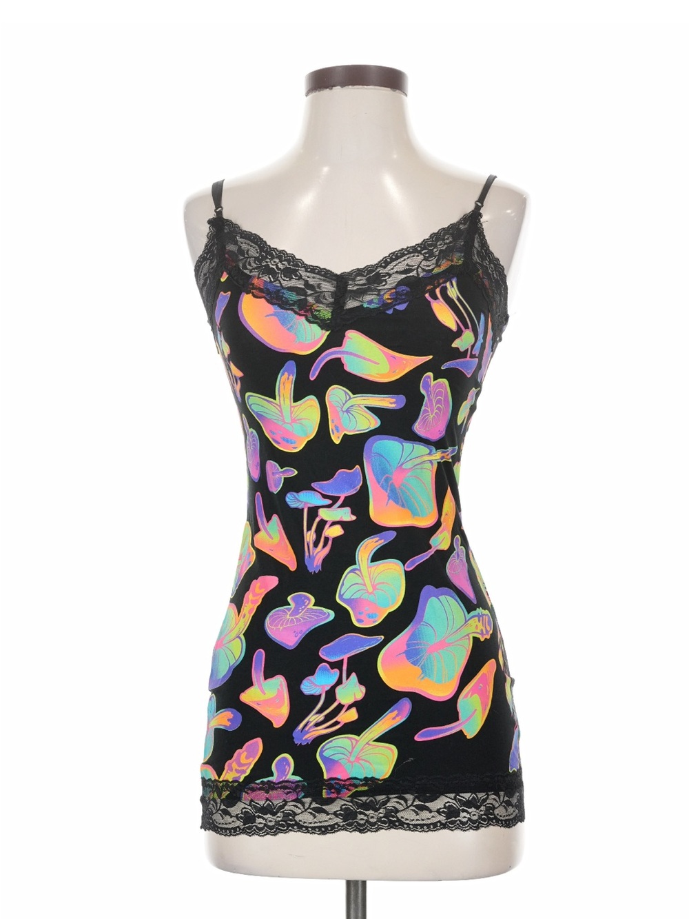 Black Lace-Trim Slip Camisole with Multicolor Floral Print
